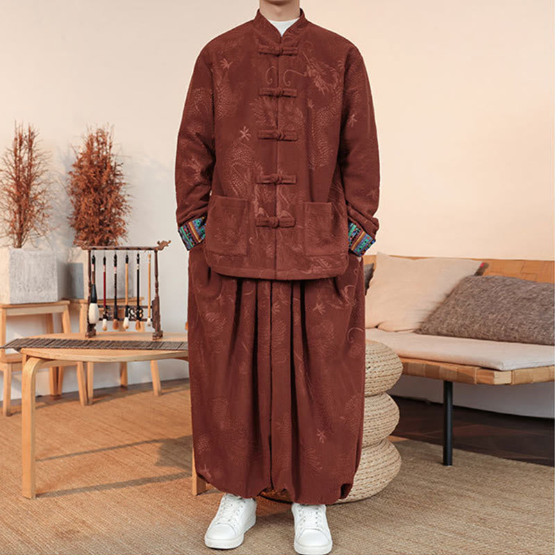 Ensemble veste et pantalon en coton à manches longues et boutons, motif dragon et grenouille, pour homme, automne-hiver 2 pièces, Buddha Stones - image 16