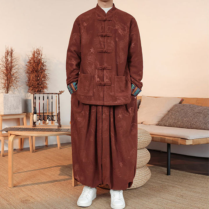 Ensemble veste et pantalon en coton à manches longues et boutons, motif dragon et grenouille, pour homme, automne-hiver 2 pièces, Buddha Stones - image 16