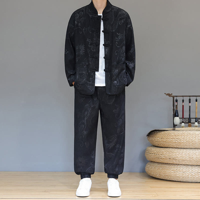 Ensemble veste et pantalon en velours côtelé de coton, manches longues, poches, motif dragon et grenouille, 2 pièces, automne-hiver, Buddha Stones - Noir - US/UK/AU46，EU56 (5XL) - image 12