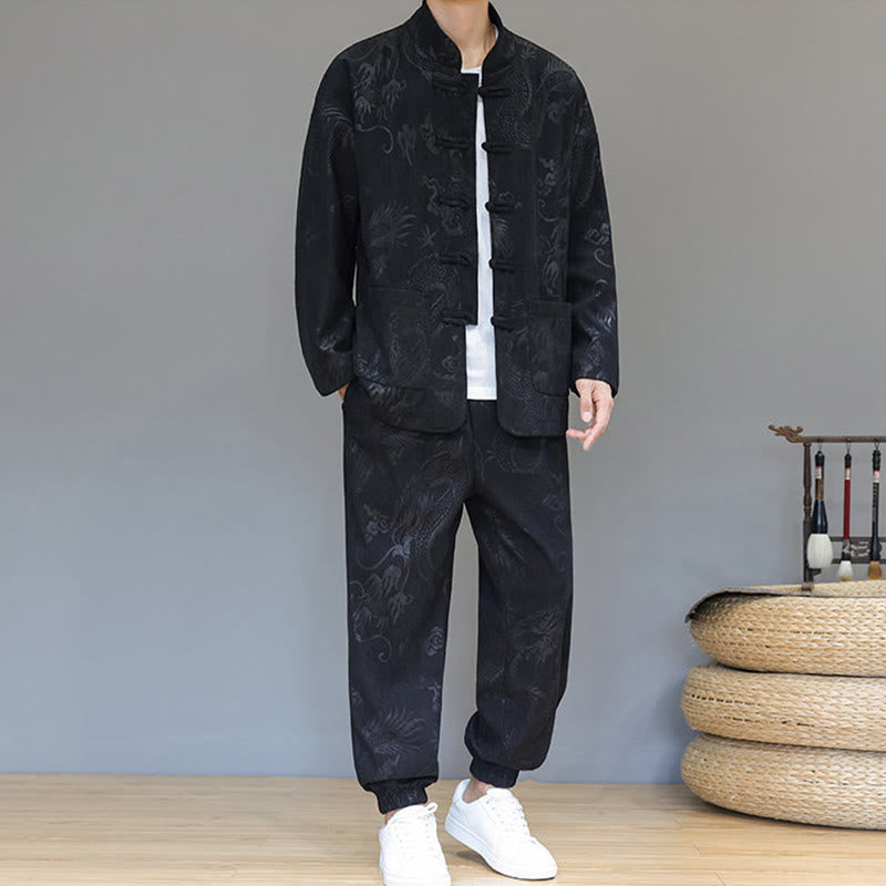 Ensemble veste et pantalon en velours côtelé de coton, manches longues, poches, motif dragon et grenouille, 2 pièces, automne-hiver, Buddha Stones - image 13