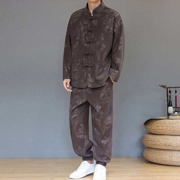 Ensemble veste et pantalon en velours côtelé de coton, manches longues, poches, motif dragon et grenouille, 2 pièces, automne-hiver, Buddha Stones - image 6