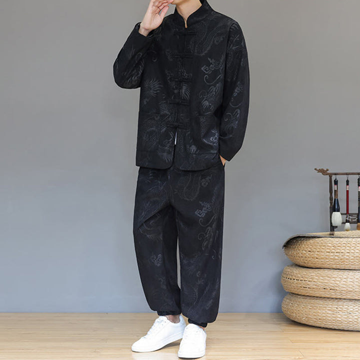 Ensemble veste et pantalon en velours côtelé de coton, manches longues, poches, motif dragon et grenouille, 2 pièces, automne-hiver, Buddha Stones - image 16