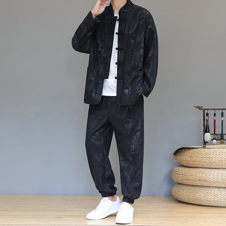 Ensemble veste et pantalon en velours côtelé de coton, manches longues, poches, motif dragon et grenouille, 2 pièces, automne-hiver, Buddha Stones - image 18