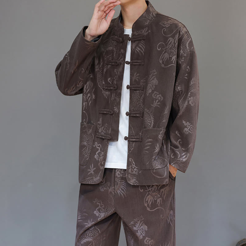 Ensemble veste et pantalon en velours côtelé de coton, manches longues, poches, motif dragon et grenouille, 2 pièces, automne-hiver, Buddha Stones - image 8