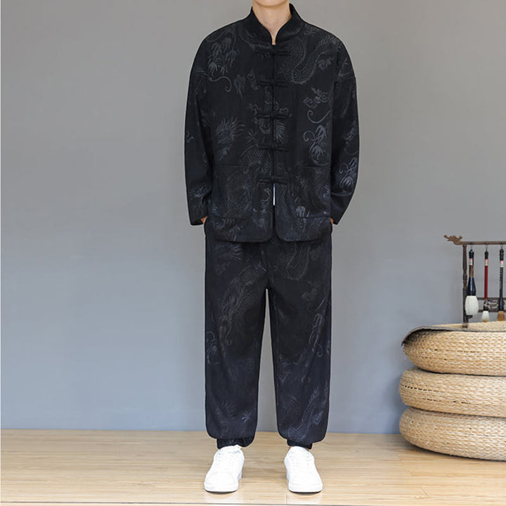 Ensemble veste et pantalon en velours côtelé de coton, manches longues, poches, motif dragon et grenouille, 2 pièces, automne-hiver, Buddha Stones - image 14