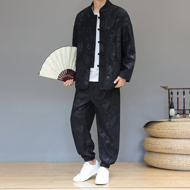 Ensemble veste et pantalon en velours côtelé de coton, manches longues, poches, motif dragon et grenouille, 2 pièces, automne-hiver, Buddha Stones - image 17