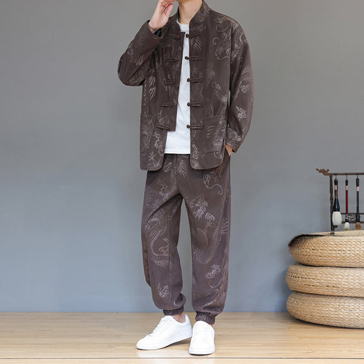 Ensemble veste et pantalon en velours côtelé de coton, manches longues, poches, motif dragon et grenouille, 2 pièces, automne-hiver, Buddha Stones - image 7