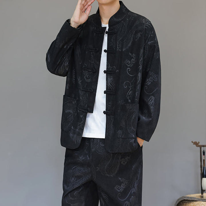 Ensemble veste et pantalon en velours côtelé de coton, manches longues, poches, motif dragon et grenouille, 2 pièces, automne-hiver, Buddha Stones - image 21