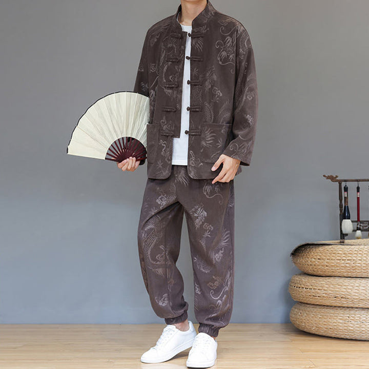 Ensemble veste et pantalon en velours côtelé de coton, manches longues, poches, motif dragon et grenouille, 2 pièces, automne-hiver, Buddha Stones - SaddleBrown - US/UK/AU46，EU56 (5XL) - image 0