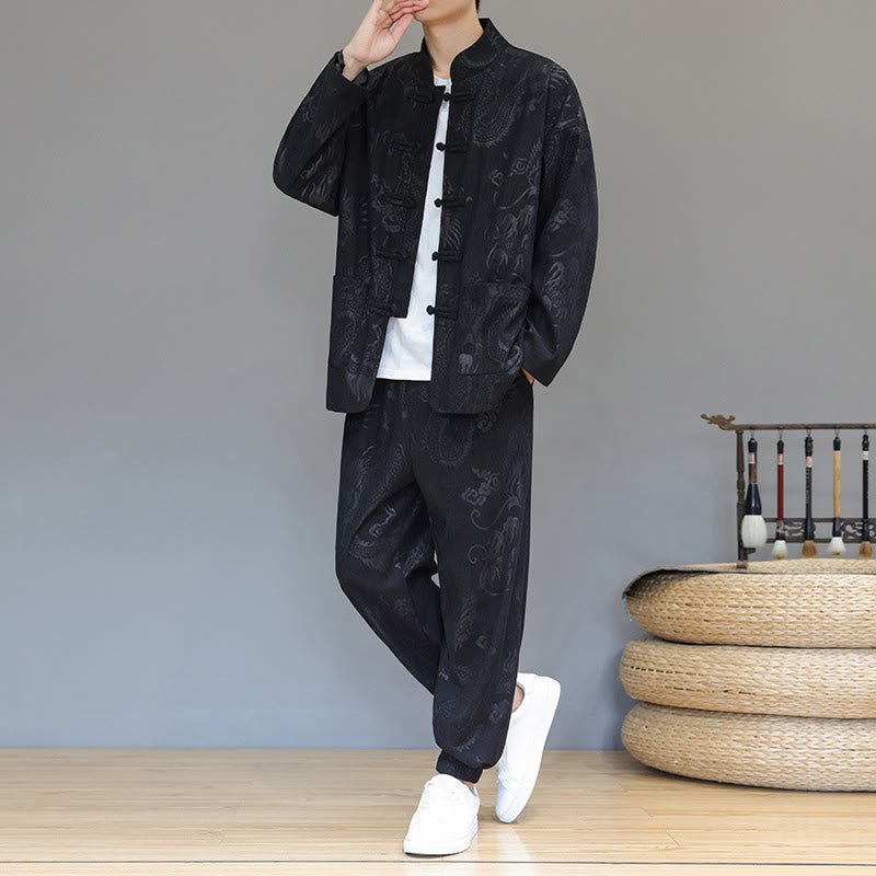 Ensemble veste et pantalon en velours côtelé de coton, manches longues, poches, motif dragon et grenouille, 2 pièces, automne-hiver, Buddha Stones - image 19