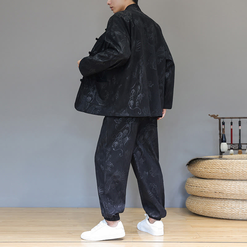 Ensemble veste et pantalon en velours côtelé de coton, manches longues, poches, motif dragon et grenouille, 2 pièces, automne-hiver, Buddha Stones - image 15