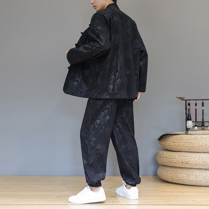 Ensemble veste et pantalon en velours côtelé de coton, manches longues, poches, motif dragon et grenouille, 2 pièces, automne-hiver, Buddha Stones - image 15