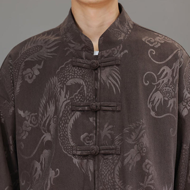 Ensemble veste et pantalon en velours côtelé de coton, manches longues, poches, motif dragon et grenouille, 2 pièces, automne-hiver, Buddha Stones - image 9