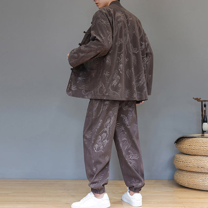 Ensemble veste et pantalon en velours côtelé de coton, manches longues, poches, motif dragon et grenouille, 2 pièces, automne-hiver, Buddha Stones - image 3