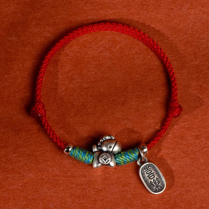Bracelet de cheville porte-bonheur tressé en argent sterling 999 avec breloque « Paix et Joie » et Buddha Stones, année du Cheval. - Cheville à cordon rouge pour homme - image 0