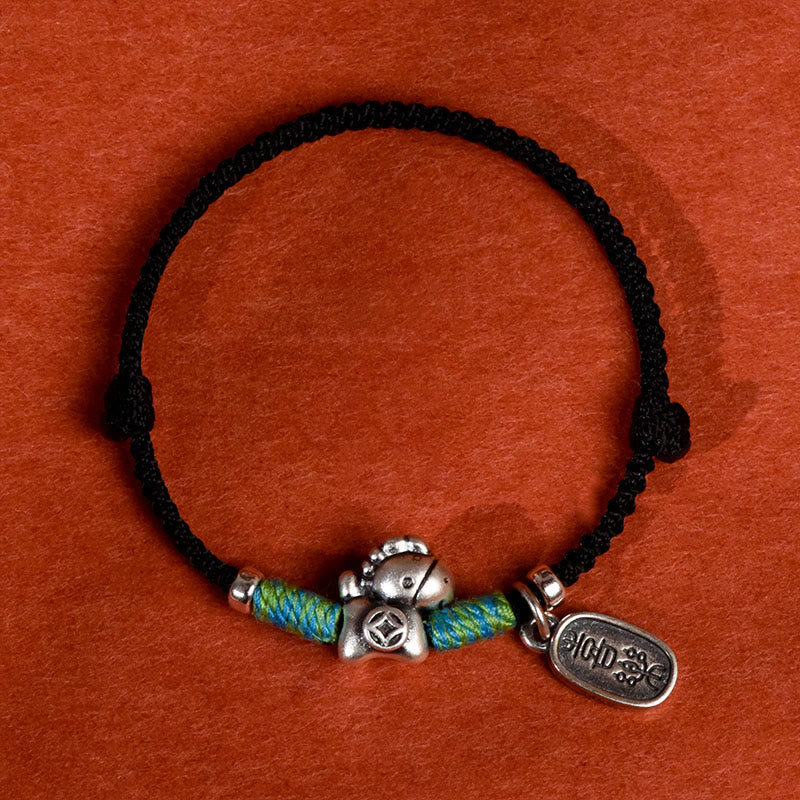 Bracelet de cheville porte-bonheur tressé en argent sterling 999 avec breloque « Paix et Joie » et Buddha Stones, année du Cheval. - Cheville noire à cordon pour homme - image 16