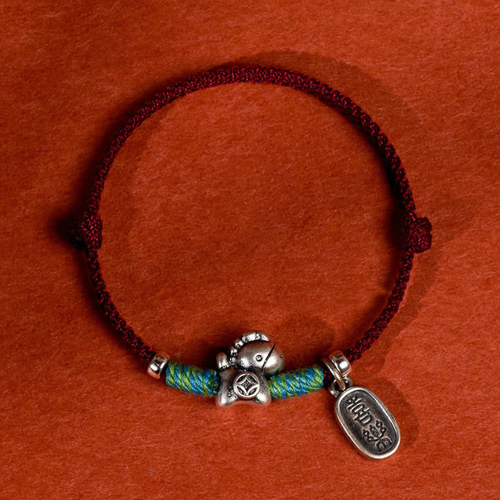 Bracelet de cheville porte-bonheur tressé en argent sterling 999 avec breloque « Paix et Joie » et Buddha Stones, année du Cheval. - Cheville en corde rouge foncé pour homme - image 13