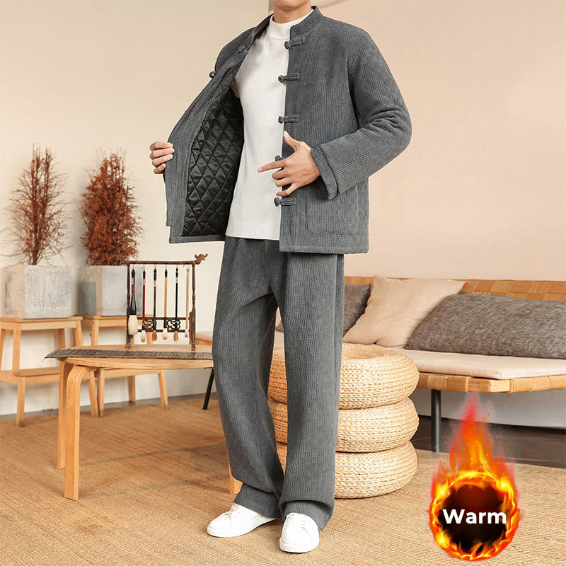 Ensemble veste et pantalon en coton uni à manches longues et poches, motif Buddha Stones, coloris hiver 2 pièces. - image 1