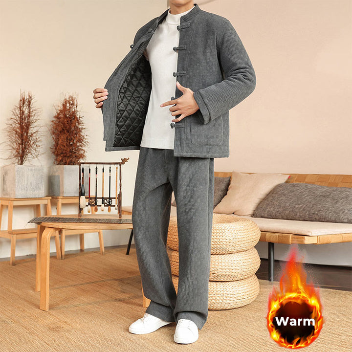 Ensemble veste et pantalon en coton uni à manches longues et poches, motif Buddha Stones, coloris hiver 2 pièces. - image 1