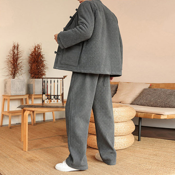 Ensemble veste et pantalon en coton uni à manches longues et poches, motif Buddha Stones, coloris hiver 2 pièces. - image 3