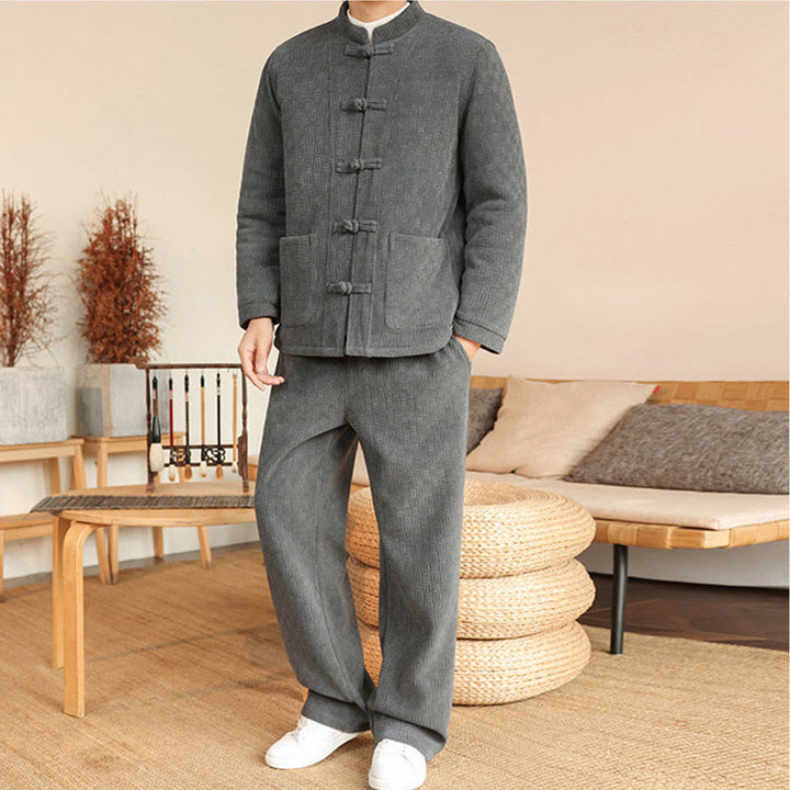 Ensemble veste et pantalon en coton uni à manches longues et poches, motif Buddha Stones, coloris hiver 2 pièces. - image 4