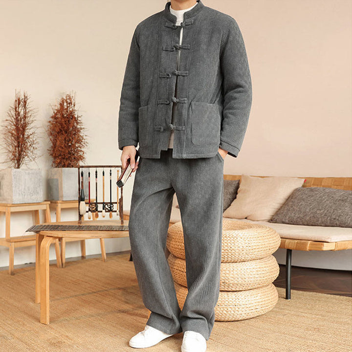 Ensemble veste et pantalon en coton uni à manches longues et poches, motif Buddha Stones, coloris hiver 2 pièces. - image 5
