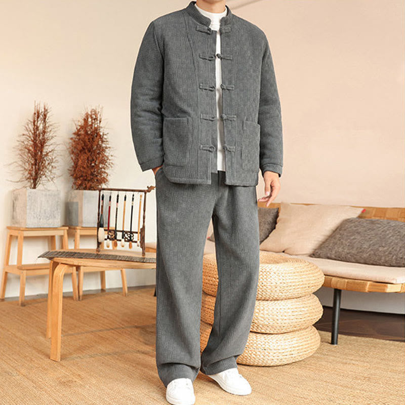 Ensemble veste et pantalon en coton uni à manches longues et poches, motif Buddha Stones, coloris hiver 2 pièces. - image 2