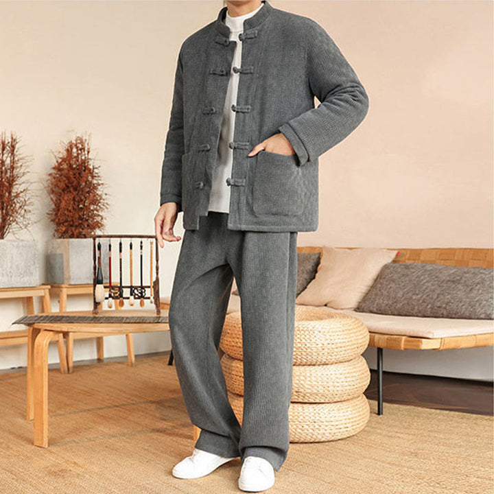 Ensemble veste et pantalon en coton uni à manches longues et poches, motif Buddha Stones, coloris hiver 2 pièces. - image 6
