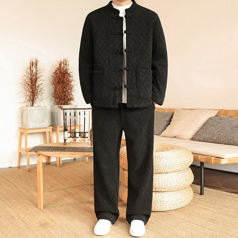 Ensemble veste et pantalon en coton uni à manches longues et poches, motif Buddha Stones, coloris hiver 2 pièces. - Noir - US/UK/AU46，EU56 (5XL) - image 17