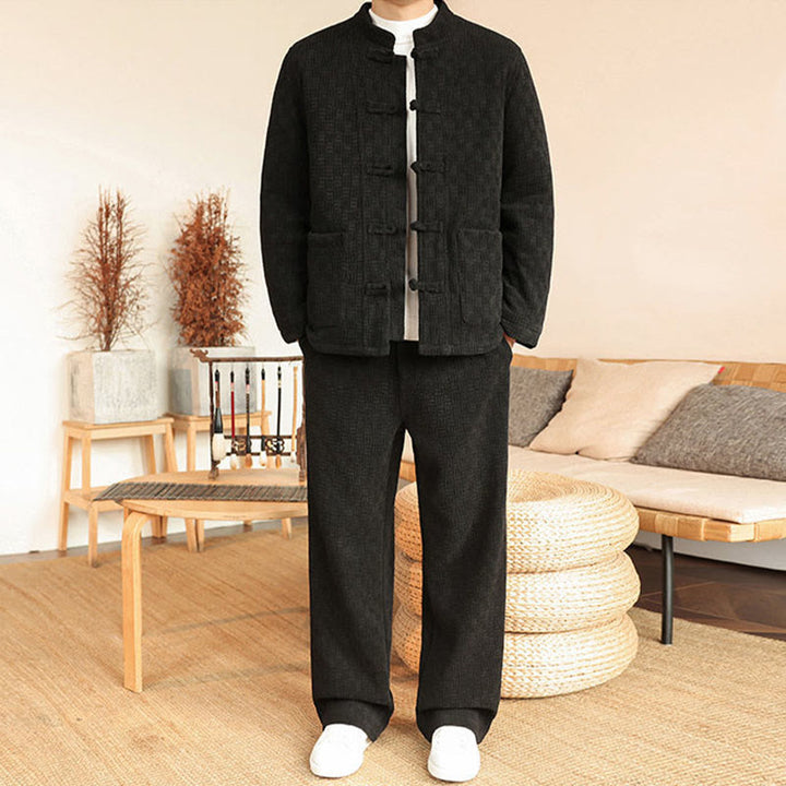 Ensemble veste et pantalon en coton uni à manches longues et poches, motif Buddha Stones, coloris hiver 2 pièces. - Noir - US/UK/AU46，EU56 (5XL) - image 17