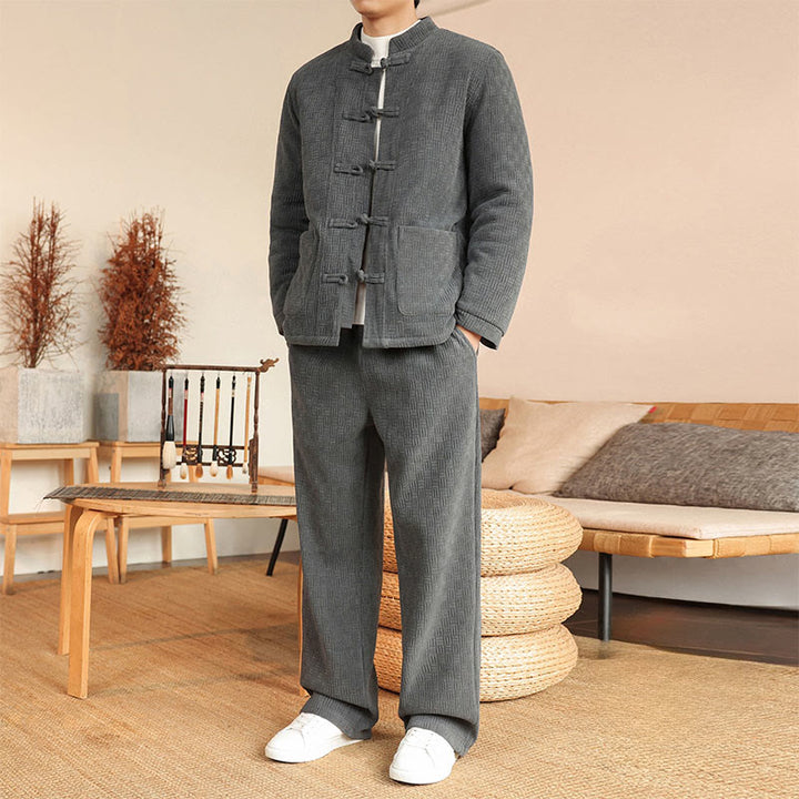 Ensemble veste et pantalon en coton uni à manches longues et poches, motif Buddha Stones, coloris hiver 2 pièces. - image 7