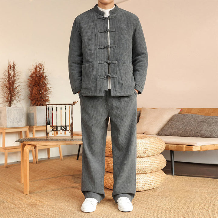 Ensemble veste et pantalon en coton uni à manches longues et poches, motif Buddha Stones, coloris hiver 2 pièces. - Gris - US/UK/AU46，EU56 (5XL) - image 0