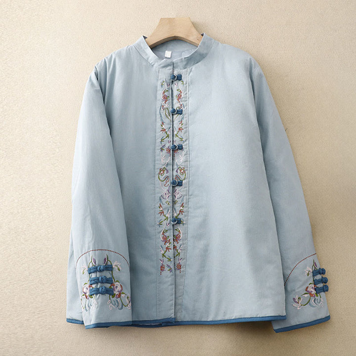 Veste thermique femme à manches longues, broderie florale hivernale et boutons brandebourg, Buddha Stones - Bleu clair - US12，UK/AU16，EU44 (3XL) - image 1