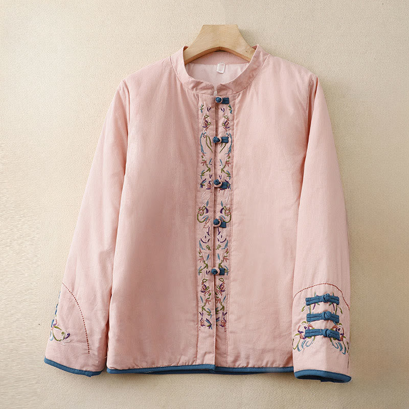 Veste thermique femme à manches longues, broderie florale hivernale et boutons brandebourg, Buddha Stones - Rose - US12，UK/AU16，EU44 (3XL) - image 7