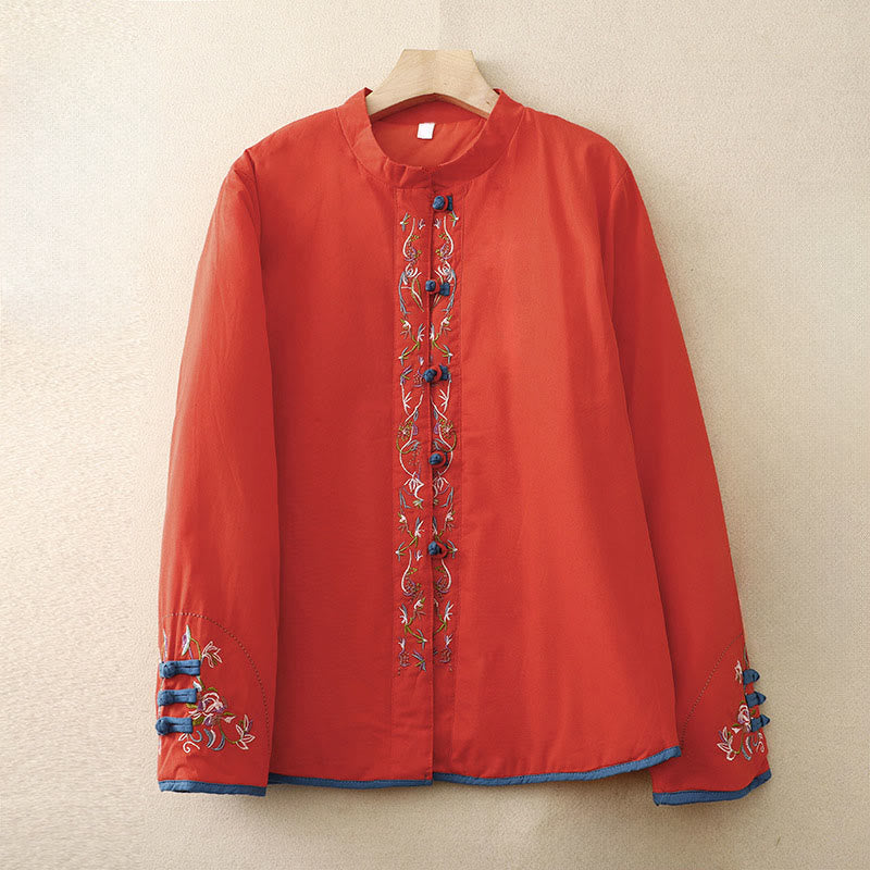 Veste thermique femme à manches longues, broderie florale hivernale et boutons brandebourg, Buddha Stones - OrangeRouge - US12，UK/AU16，EU44 (3XL) - image 17