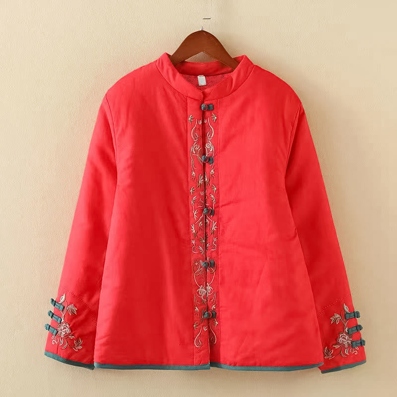 Veste thermique femme à manches longues, broderie florale hivernale et boutons brandebourg, Buddha Stones - Rouge - US12，UK/AU16，EU44 (3XL) - image 23