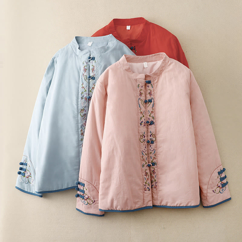 Veste thermique femme à manches longues, broderie florale hivernale et boutons brandebourg, Buddha Stones - image 0