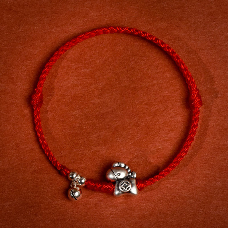 Bracelet/cheville porte-bonheur en argent sterling 999 et Buddha Stones, année du Cheval, avec cordelette en argent sterling 925 et cordon. - Corde rouge - Bracelet de cheville pour enfants (circonférence 18-23 cm) - image 1