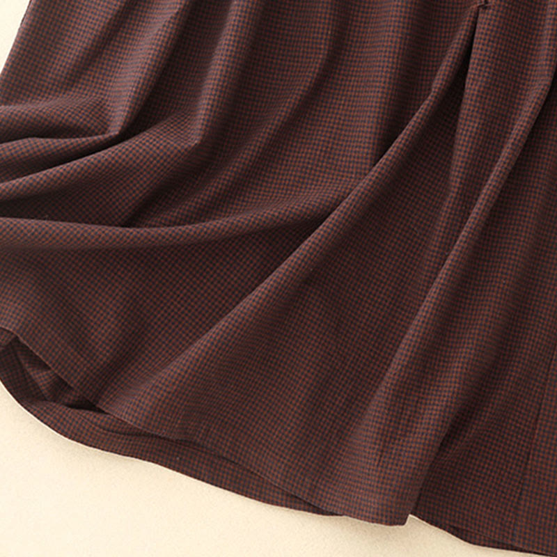 Robe midi à carreaux marron automnale Buddha Stones, col montant, boutons brandebourg, manches longues et poches - image 10