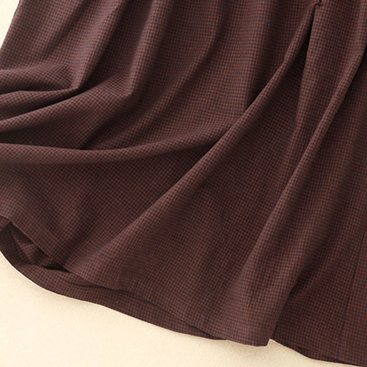 Robe midi à carreaux marron automnale Buddha Stones, col montant, boutons brandebourg, manches longues et poches - image 10