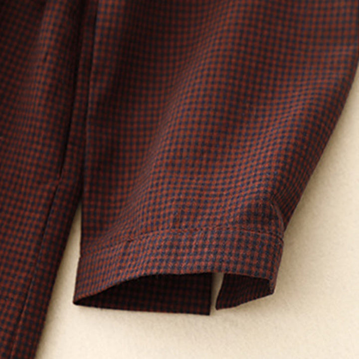 Robe midi à carreaux marron automnale Buddha Stones, col montant, boutons brandebourg, manches longues et poches - image 9