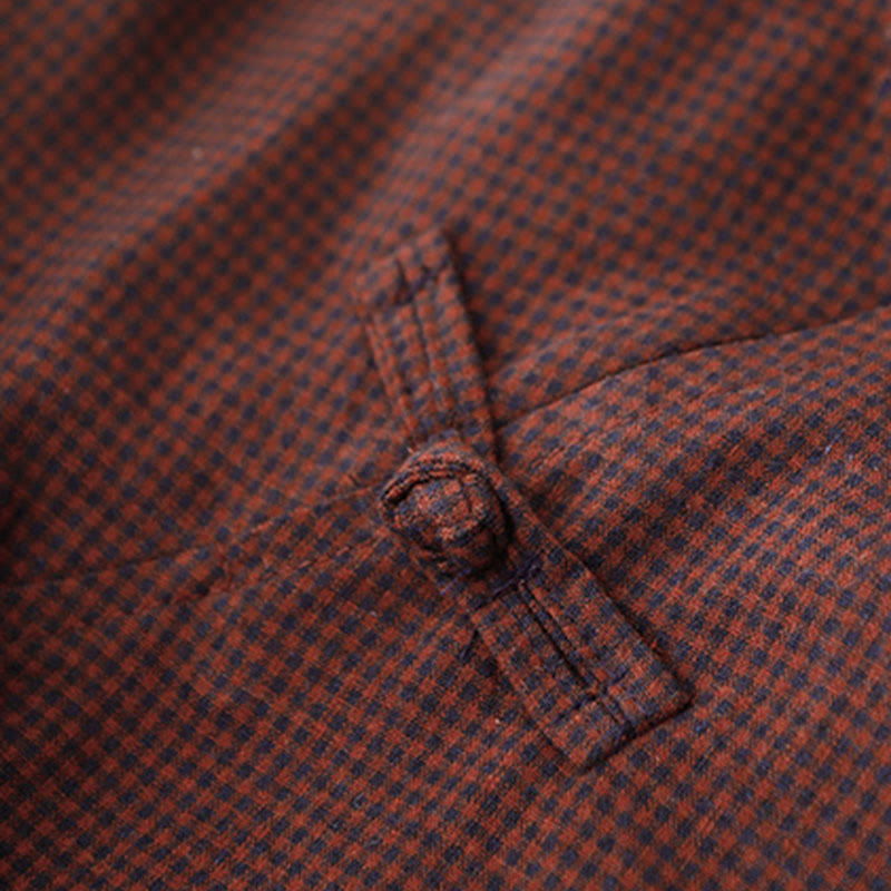 Robe midi à carreaux marron automnale Buddha Stones, col montant, boutons brandebourg, manches longues et poches - image 3