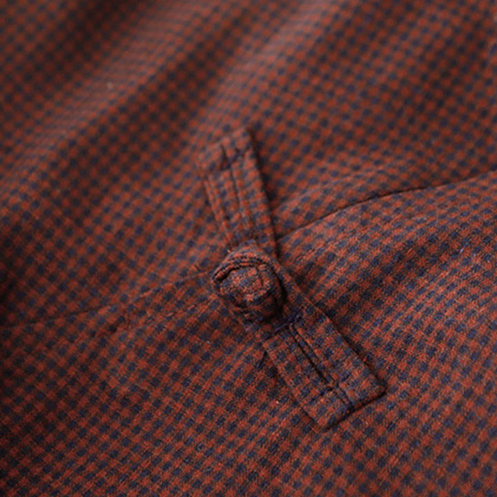 Robe midi à carreaux marron automnale Buddha Stones, col montant, boutons brandebourg, manches longues et poches - image 3