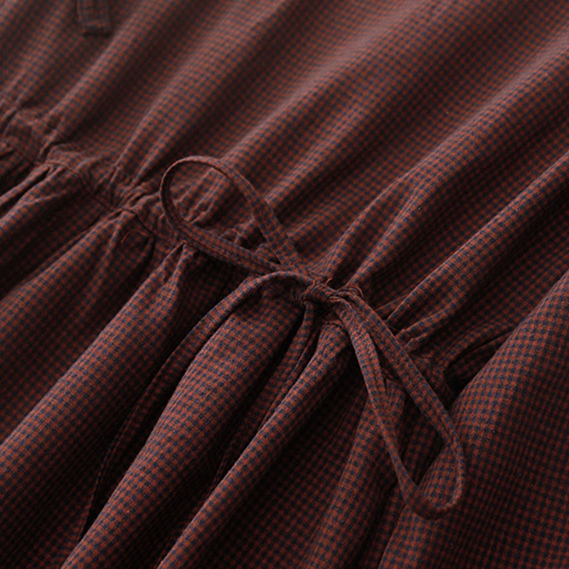 Robe midi à carreaux marron automnale Buddha Stones, col montant, boutons brandebourg, manches longues et poches - image 7