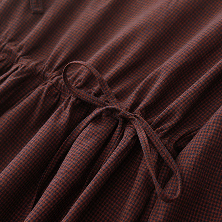 Robe midi à carreaux marron automnale Buddha Stones, col montant, boutons brandebourg, manches longues et poches - image 7