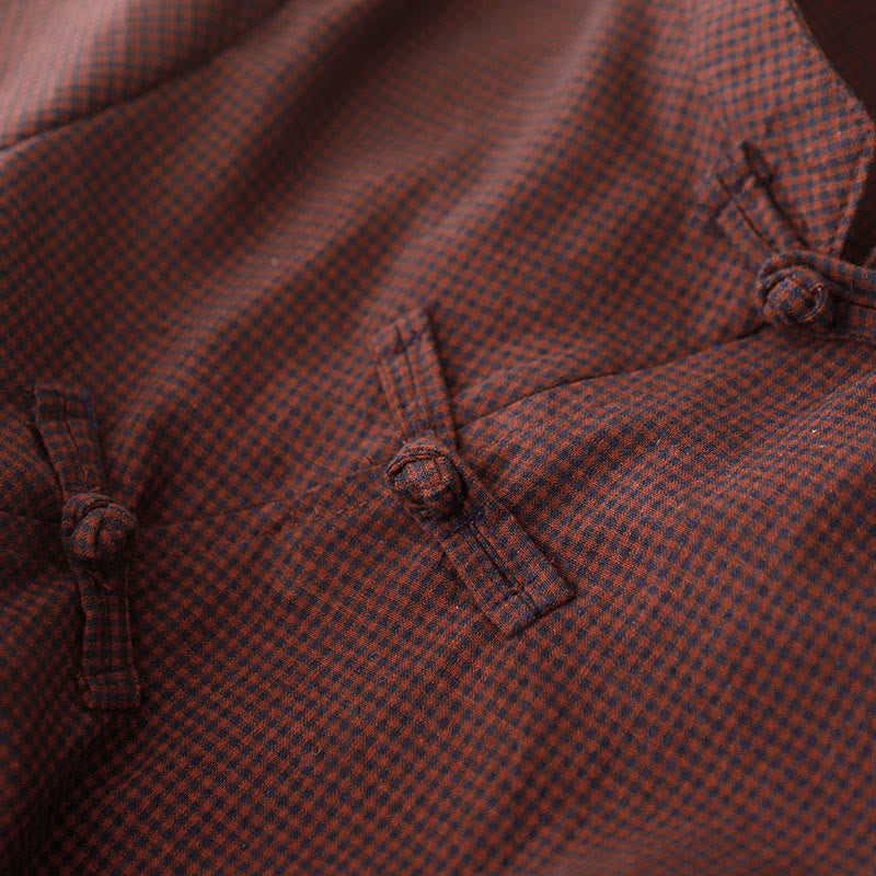 Robe midi à carreaux marron automnale Buddha Stones, col montant, boutons brandebourg, manches longues et poches - image 4