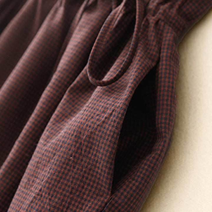 Robe midi à carreaux marron automnale Buddha Stones, col montant, boutons brandebourg, manches longues et poches - image 8