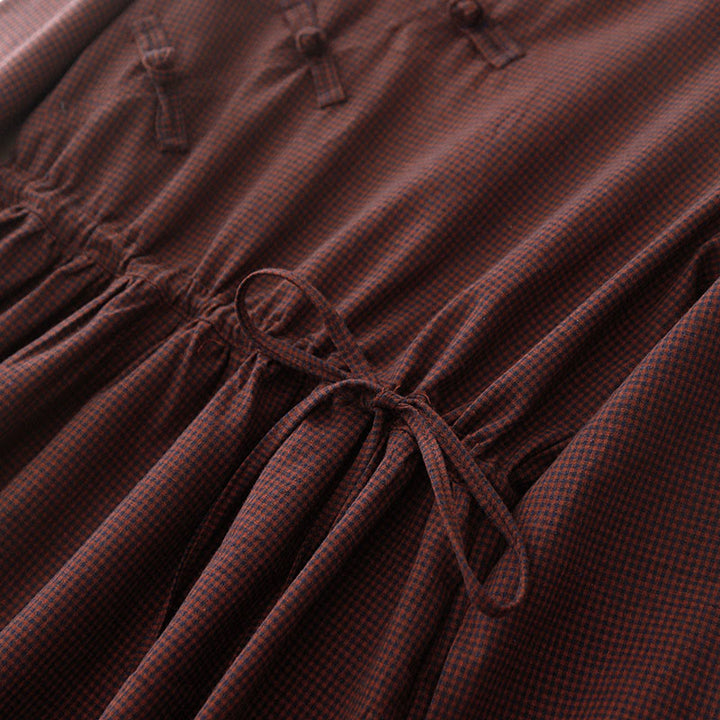 Robe midi à carreaux marron automnale Buddha Stones, col montant, boutons brandebourg, manches longues et poches - image 6