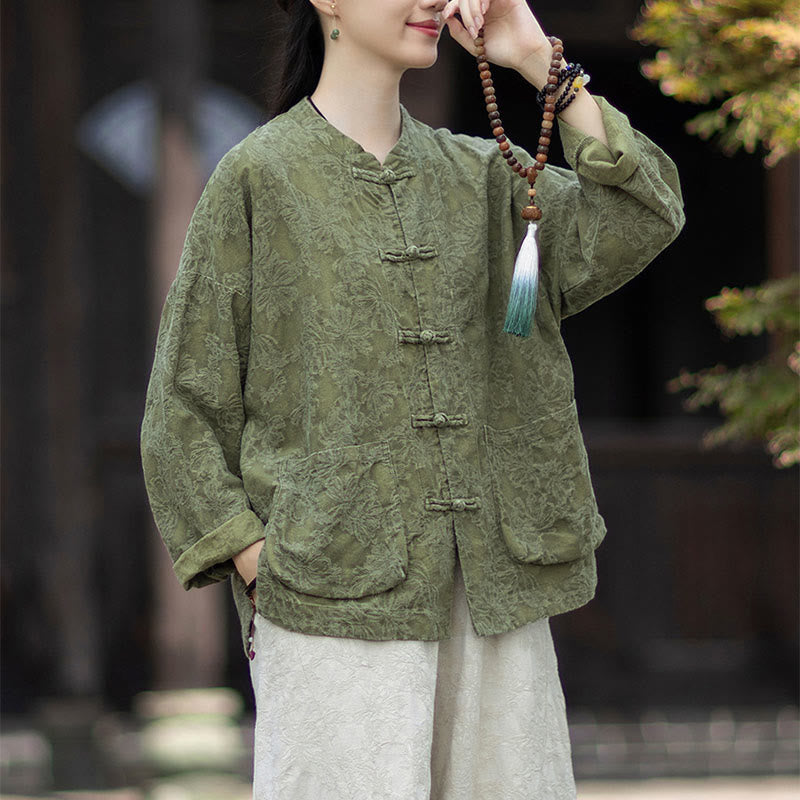 Ensemble chemise et pantalon à manches longues en jacquard à boutons brandebourg pour femme, motif Buddha Stones, en coton et lin. - image 1