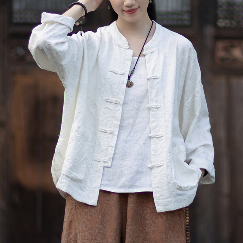 Ensemble chemise et pantalon à manches longues en jacquard à boutons brandebourg pour femme, motif Buddha Stones, en coton et lin. - Chemise blanche - US4-6，UK/AU8-10，EU36-38 (F) - image 13